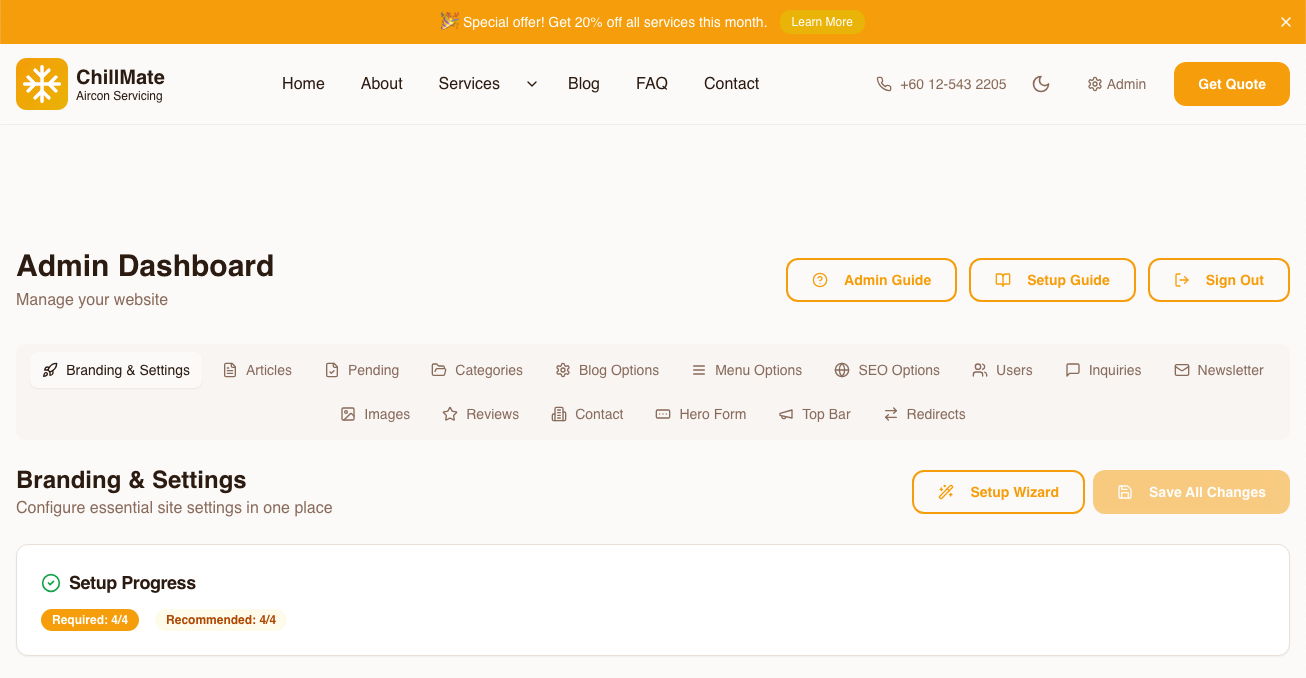 Admin dashboard overview showing the main tabs and navigation